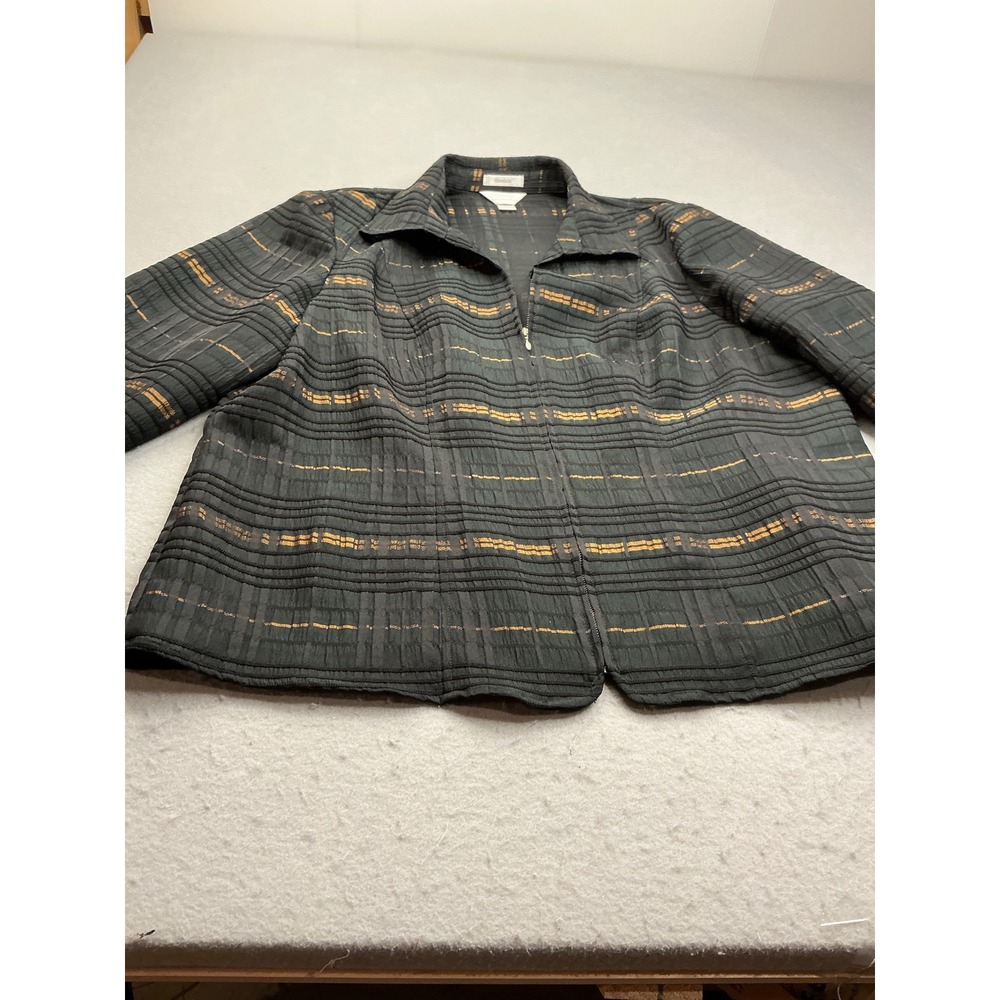 C.J. Banks Zip Up Jacket Textured Metallic Plaid Green Gold 1X Plus Size Casual